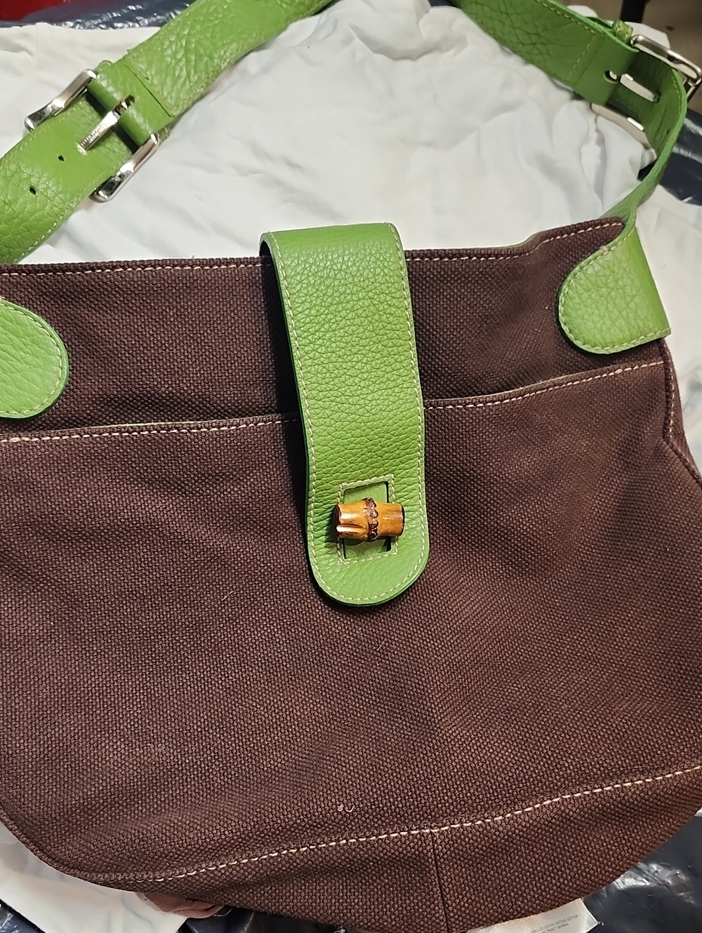 Barneys New York Brown Canvas Shoulder Bag with Lime Green Leather Trim